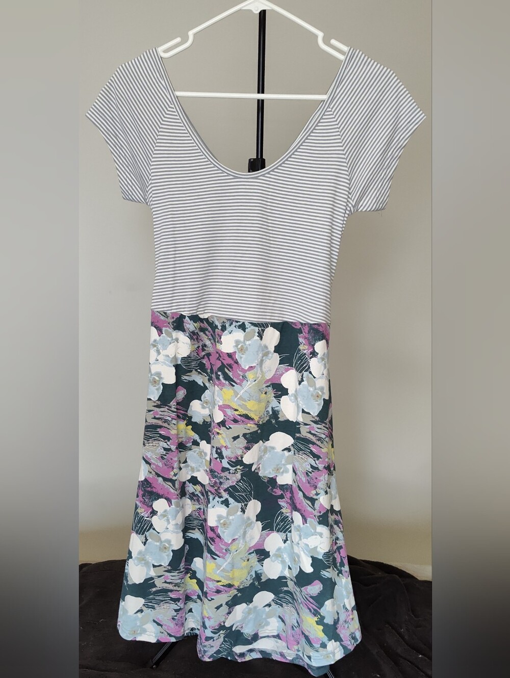Pact Striped Cross-Back Floral Fit & Flare Mini Dress -  Size M - NEW w/ tags!